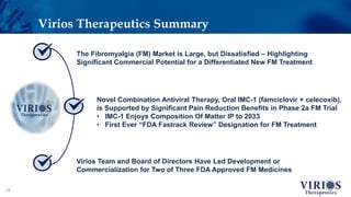Virios Therapeutics Summary
22
Virios Team and Board of Directors Have Led Development or
Commercialization for Two of Three FDA Approved FM Medicines
The Fibromyalgia (FM) Market is Large, but Dissatisfied – Highlighting
Significant Commercial Potential for a Differentiated New FM Treatment
Novel Combination Antiviral Therapy, Oral IMC-1 (famciclovir + celecoxib),
is Supported by Significant Pain Reduction Benefits in Phase 2a FM Trial
• IMC-1 Enjoys Composition Of Matter IP to 2033
• First Ever “FDA Fastrack Review” Designation for FM Treatment
 