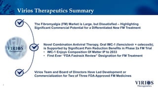 Virios Therapeutics Summary
3
Virios Team and Board of Directors Have Led Development or
Commercialization for Two of Three FDA Approved FM Medicines
The Fibromyalgia (FM) Market is Large, but Dissatisfied – Highlighting
Significant Commercial Potential for a Differentiated New FM Treatment
Novel Combination Antiviral Therapy, Oral IMC-1 (famciclovir + celecoxib),
is Supported by Significant Pain Reduction Benefits in Phase 2a FM Trial
• IMC-1 Enjoys Composition Of Matter IP to 2033
• First Ever “FDA Fastrack Review” Designation for FM Treatment
 