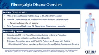 Fibromyalgia Disease Overview
5
• FM is a Chronic Disease that Affects up to 8% of the US Population
• Hallmark Characteristics are Widespread Chronic Pain and Severe Fatigue
• Symptoms Present for ≥ 3 Months
• Other Symptoms May Include GI, Sleep, Mood Disorder and Headache
Devastating Impact
• Patients with FM > 3x Risk of Committing Suicide v. General Population
• High Healthcare Utilization and Significant Disability
• Estimates Suggest as Many as 40% of FM Patients are Treated with Opioids
- Opioid-treated Patients have Worse Outcomes Across Multiple Assessment Domains
Disease Characteristics
Sources: The Hidden Impact of Musculoskeletal Disorders on Americans, 4th edition; Berger et al Clin Pract 2007; White et al J Occup Environ Med
2008; Wolfe et al Arthritis Care & Res 2014; Fitzcharles et al Am J Med 2011; Robinson et al Pain Medicine 2012; Peng et al Clin J Pain 2015
 