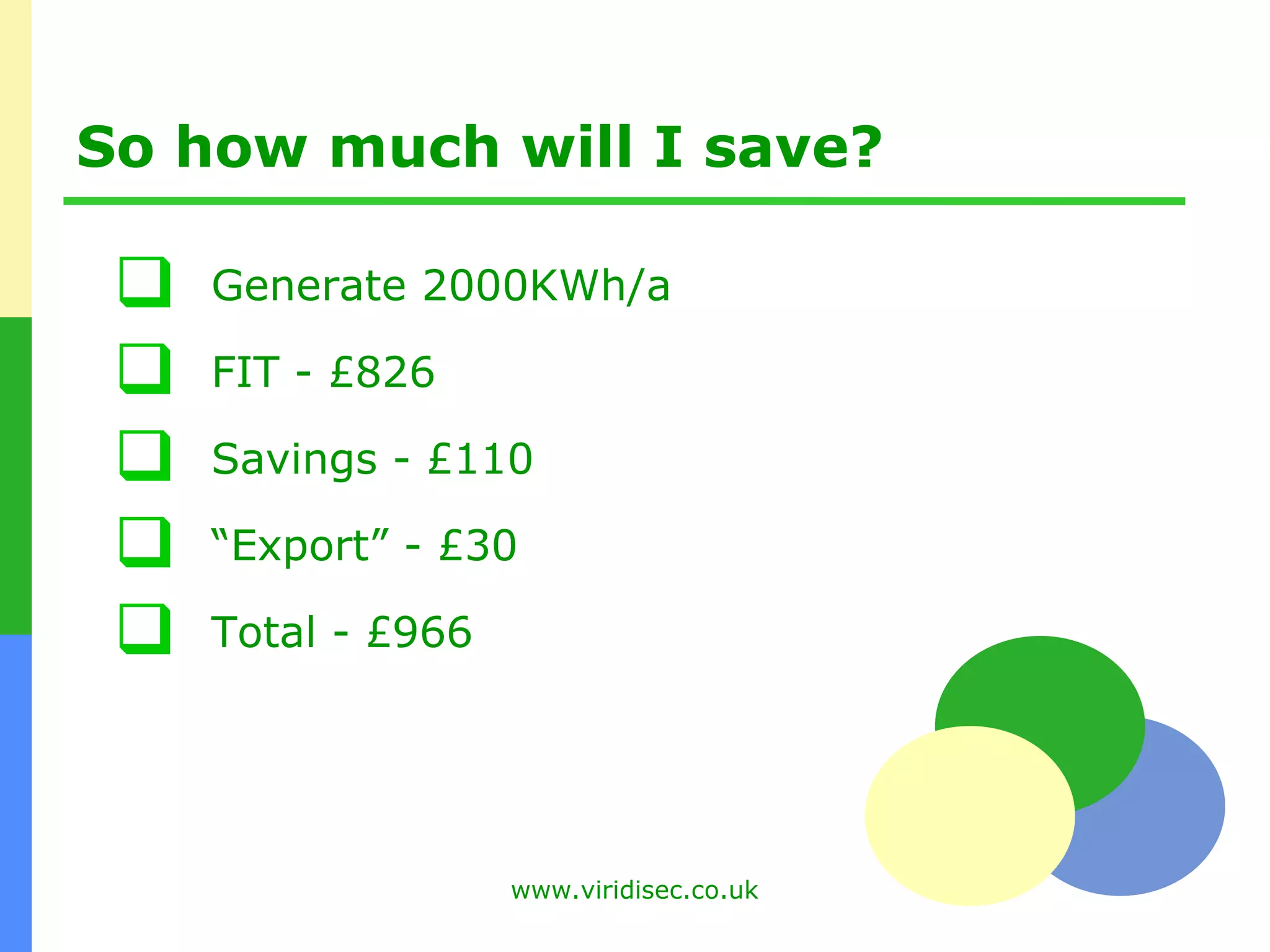 So how much will I save? Generate 2000KWh/a FIT - £826 Savings - £110 “ Export” - £30 Total - £966 
