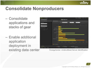Consolidate NonproducersCopyright © 2010 Viridity Software, Inc. All Rights Reserved 10Consolidateapplications andstacks of gearEnable additionalapplicationdeployment in existing data centerEnergyCenter: Underutilized Server Identification