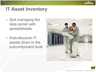IT Asset InventoryQuit managing thedata center withspreadsheetsAuto-discover ITassets down to thesubcomponent levelCopyright © 2010 Viridity Software, Inc. All Rights Reserved 5