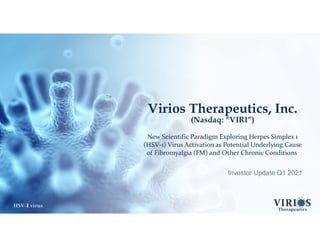 HSV-1virus
Virios Therapeutics, Inc.
(Nasdaq: “VIRI”)
New Scientific Paradigm Exploring Herpes Simplex 1
(HSV-1) Virus Activation as Potential Underlying Cause
of Fibromyalgia (FM) and Other Chronic Conditions
Investor Update Q1 2021
1
 