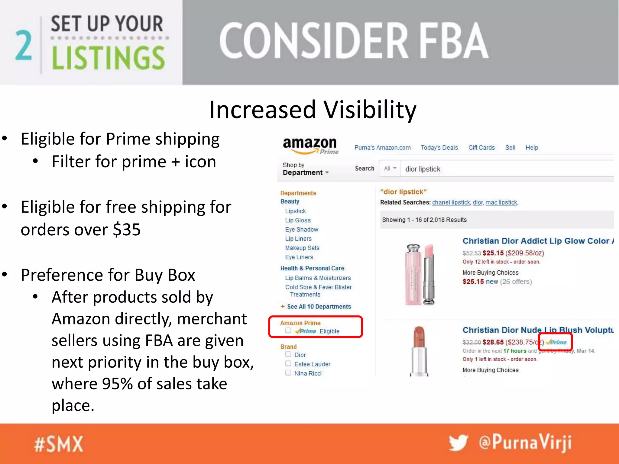 Increased Visibility
• Eligible for Prime shipping
• Filter for prime + icon
• Eligible for free shipping for
orders over $35
• Preference for Buy Box
• After products sold by
Amazon directly, merchant
sellers using FBA are given
next priority in the buy box,
where 95% of sales take
place.
 