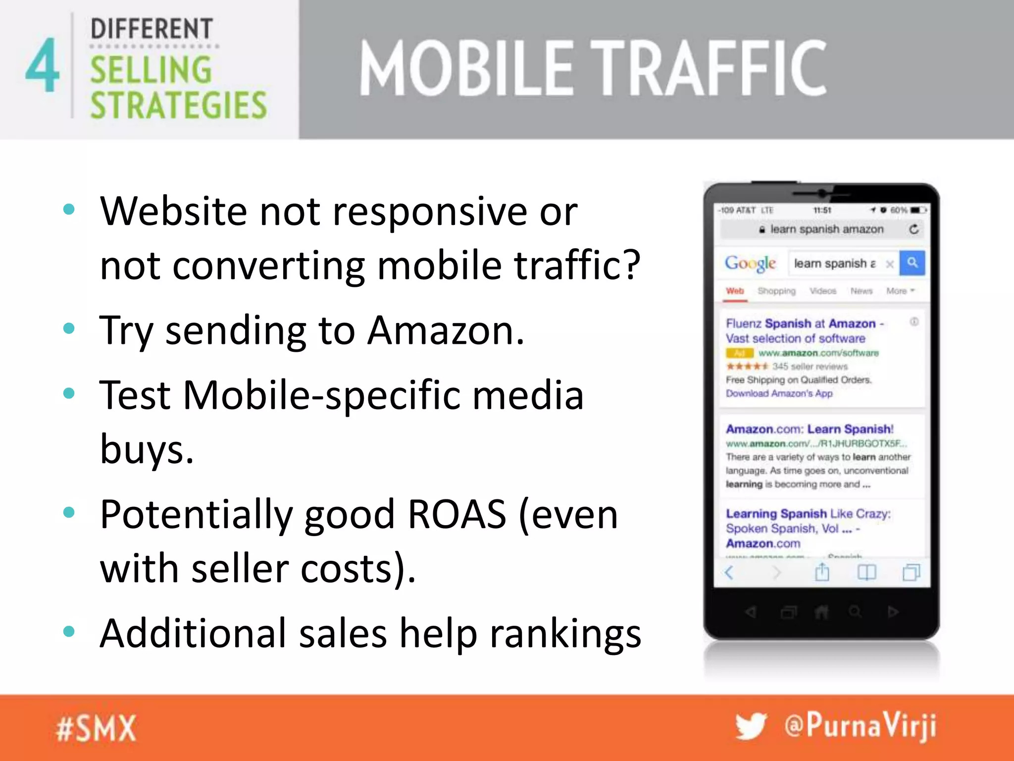 • Website not responsive or
not converting mobile traffic?
• Try sending to Amazon.
• Test Mobile-specific media
buys.
• Potentially good ROAS (even
with seller costs).
• Additional sales help rankings
 