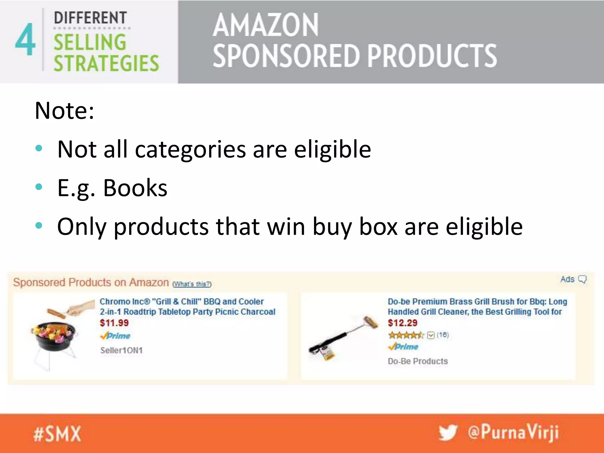 Note:
• Not all categories are eligible
• E.g. Books
• Only products that win buy box are eligible
 