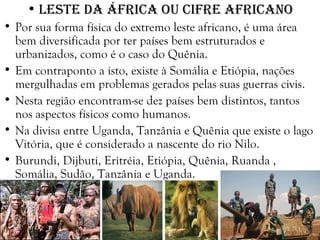 • LESTE DA ÁFRICA OU CIFRE AFRICANO
• Por sua forma física do extremo leste africano, é uma área
bem diversificada por ter países bem estruturados e
urbanizados, como é o caso do Quênia.
• Em contraponto a isto, existe à Somália e Etiópia, nações
mergulhadas em problemas gerados pelas suas guerras civis.
• Nesta região encontram-se dez países bem distintos, tantos
nos aspectos físicos como humanos.
• Na divisa entre Uganda, Tanzânia e Quênia que existe o lago
Vitória, que é considerado a nascente do rio Nilo.
• Burundi, Dijbuti, Eritréia, Etiópia, Quênia, Ruanda ,
Somália, Sudão, Tanzânia e Uganda.
 