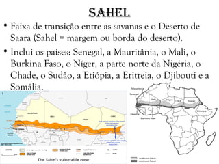 SAHEL
• Faixa de transição entre as savanas e o Deserto de
Saara (Sahel = margem ou borda do deserto).
• Inclui os países: Senegal, a Mauritânia, o Mali, o
Burkina Faso, o Níger, a parte norte da Nigéria, o
Chade, o Sudão, a Etiópia, a Eritreia, o Djibouti e a
Somália.
 