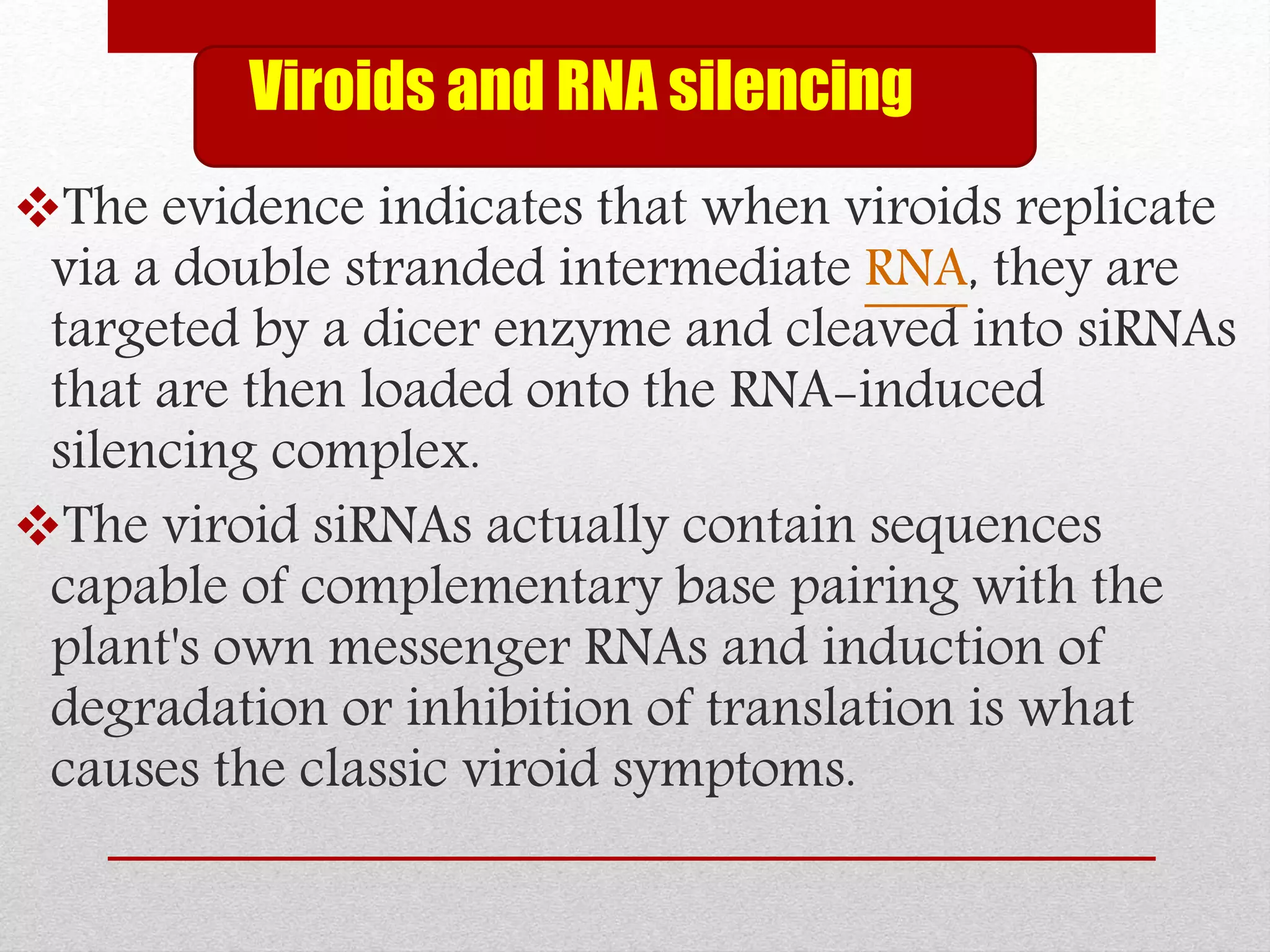 Viroids and RNA silencing
The evidence indicates that when viroids replicate
via a double stranded intermediate RNA, they are
targeted by a dicer enzyme and cleaved into siRNAs
that are then loaded onto the RNA-induced
silencing complex.
The viroid siRNAs actually contain sequences
capable of complementary base pairing with the
plant's own messenger RNAs and induction of
degradation or inhibition of translation is what
causes the classic viroid symptoms.
 