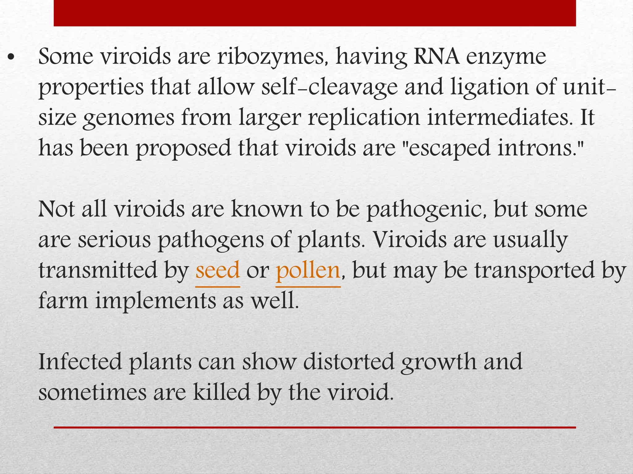 • Some viroids are ribozymes, having RNA enzyme
properties that allow self-cleavage and ligation of unit-
size genomes from larger replication intermediates. It
has been proposed that viroids are "escaped introns."
Not all viroids are known to be pathogenic, but some
are serious pathogens of plants. Viroids are usually
transmitted by seed or pollen, but may be transported by
farm implements as well.
Infected plants can show distorted growth and
sometimes are killed by the viroid.
 