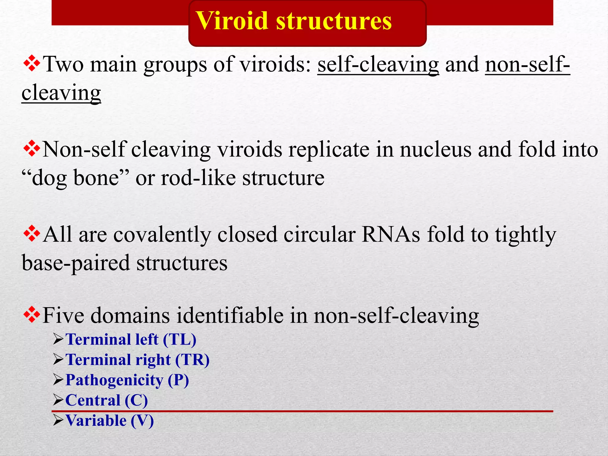 Viroid structures
Two main groups of viroids: self-cleaving and non-self-
cleaving
Non-self cleaving viroids replicate in nucleus and fold into
“dog bone” or rod-like structure
All are covalently closed circular RNAs fold to tightly
base-paired structures
Five domains identifiable in non-self-cleaving
Terminal left (TL)
Terminal right (TR)
Pathogenicity (P)
Central (C)
Variable (V)
 
