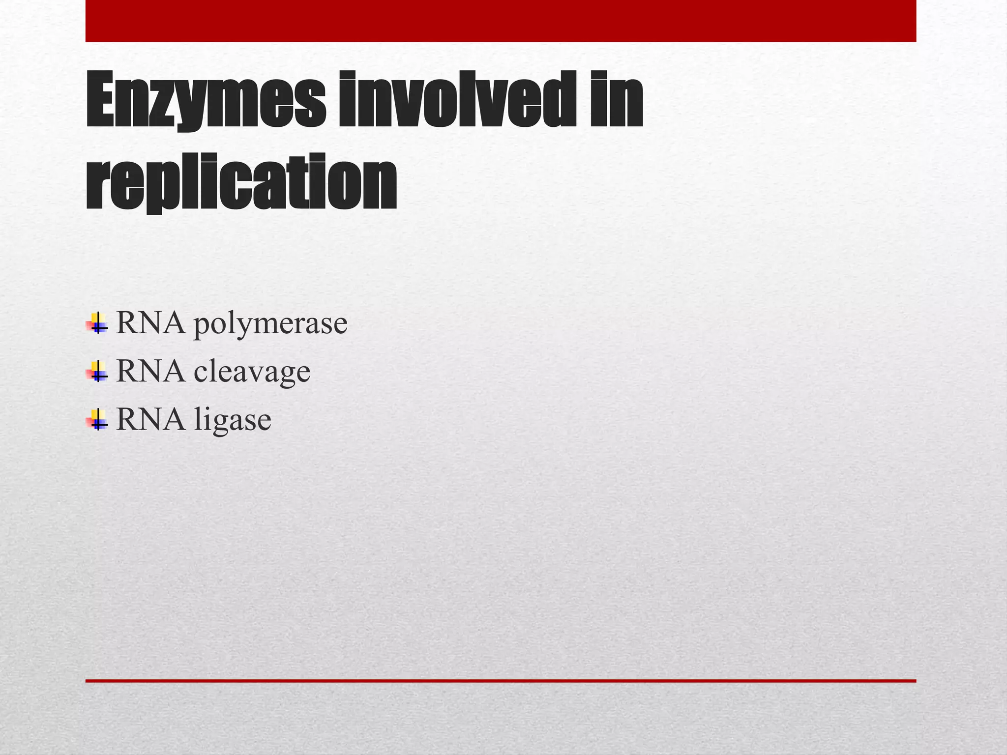 Enzymes involved in
replication
RNA polymerase
RNA cleavage
RNA ligase
 