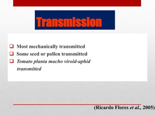 Transmission
 Most mechanically transmitted
 Some seed or pollen transmitted
 Tomato planta macho viroid-aphid
transmitted
(Ricardo Flores et al., 2005)
 