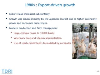 1980s : Export-driven growth
 Export value increased substantially.
 Growth was driven primarily by the Japanese market due to higher purchasing
power and consumer preferences.
 Modern production and farm management
• Large chicken house (> 10,000 birds)
• Veterinary drug and vitamin administration
• Use of ready-mixed feeds formulated by computer
12
 
