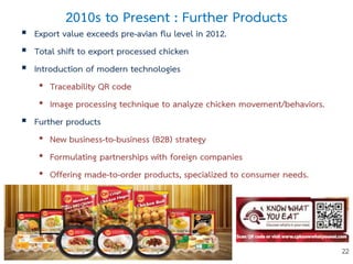 2010s to Present : Further Products
 Export value exceeds pre-avian flu level in 2012.
 Total shift to export processed chicken
 Introduction of modern technologies
• Traceability QR code
• Image processing technique to analyze chicken movement/behaviors.
 Further products
• New business-to-business (B2B) strategy
• Formulating partnerships with foreign companies
• Offering made-to-order products, specialized to consumer needs.
22
 