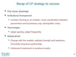Recap of CP strategy to success
 First mover advantage
 Institutional Arrangement
• contract farming as an enabler, close coordination between
government and businesses, esp. during/after crises.
 Technologies
• adopt quickly, adapt frequently
 Market-driven
• Change with the market, realized strength and weakness,
formulate long-term partnership.
• Outbound investment to produce locally.
32
 