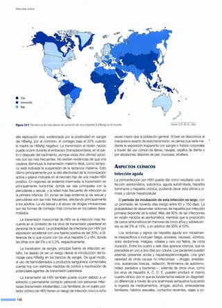 V IROLOGÍA CLÍNICA
• Alta
•D Baja
Figura 14-7.Prevalencia de marcadores deportación de virus hepatitisB(HBsAg) en el mundo. Fuente: CDC EE.UU., 2005.
alta replicación viral, evidenciada por la positividad en sangre
del HBeAg; por el contrario, el contagio baja al 32% cuando
la madre es HBeAg negativo. La transmisión al recién nacido
puede ocurrir durante el embarazo (transplacentaria), en el par-
to o después del nacimiento, aunque estas dos últimas opcio-
nes son las más frecuentes. No existen evidencias de que una
cesárea disminuya la transmisión materno-fetal, como tampo-
co está indicada la suspensión de la lactancia materna. Esto
último principalmente por la alta efectividad de la inmunización
activa y pasiva indicada en el neonato hijo de una madre HBV
positivo. En regiones de endemia intermedia la transmisión es
principalmente horizontal, donde las vías principales son la
percutánea y sexual, y la edad más frecuente de infección es
la primera infancia. En zonas de baja endemia la vía sexual y
percutánea son las más frecuentes, afectando principalmente
a los adultos. La vía sexual y el abuso de drogas intravenosas
son las formas de contagio más comunes en los países desa-
rrollados.
La transmisión nosocomial de HBV es la infección más fre-
cuente en el contexto de los virus de transmisión parenteral en
personal de la salud. La probabilidad de infectarse por HBV por
exposición accidental con una fuente positiva es del 30%, a di-
ferencia de lo que ocurre con los virus hepatitis e y VIH, donde
las cifras son del3% y el 0,3%, respectivamente.
La transfusión de sangre, principal fuente de infección an-
taño, ha dejado de ser un riesgo desde la introducción del ta-
mizaje para HBsAg en los bancos de sangre. De igual modo,
el uso de hemoderivados y productos sanguíneos comerciales
cuenta hoy con estrictas medidas de control e inactivación de
potenciales-agentes de transmisión parenteral.
La transmisión de HBV también puede ocurrir debido a un
estrecho y permanente contacto personal con personas infec-
tadas (transmisión intrafamiliar). Los familiares de un sujeto por-
tador crónico de HBV tienen un riesgo de infección cinco a ocho
--·156
veces mayor que la población general. Si bien se desconoce el
mecanismo exacto de esta transmisión, se piensa que sería me-
diante la exposición inaparente con sangre o fluidos corporales
a través del uso común de tijeras, navajas, cepillos de diente o
por abrasiones, lesiones de piel, mucosas, etcétera.
AsPECTos cLíNicos
Infección aguda
La primoinfección por HBV puede dar como resultado una in-
fección asintomática, subclínica, aguda autolimitada, hepatitis
fulminante o hepatitis crónica, pudiendo llevar esta última a ci-
rrosis y cáncer hepatocelular.
El período de incubación de esta infección es largo, con
un promedio de noventa días (rango entre 60 y 150 días). La
probabilidad de desarrollar síntomas de hepatitis por infección
primaria depende de la edad. Más del 90% de las infecciones
en recién nacidos es asintomática, mientras que la proporción
de casos sintomáticos en menores de cinco años y adolescen-
tes va del 5% al15%, y en adultos del 30% al 50%.
Los síntomas y signos de hepatitis aguda son inicialmen-
te inespecíficos e incluyen fatiga, anorexia, náuseas, vómitos,
dolor abdominal, mialgias, cefalea y rara vez fiebre, de corta
duración. Entre los cuatro y seis días aparece ictericia, que es
precedida en uno a dos días por coluria. Los pacientes pueden
además presentar acolia y hepatoesplenomegalia. Una gran
variedad de otras causas no infecciosas -drogas, anestési-
cos, sustancias tóxicas, radiación, fenómenos de autoinmu-
nidad, parásitos y bacterias-, además de otros virus, como
los virus de hepatitis A, e, D, E, pueden producir el mismo
cuadro clínico, por lo que es fundamental realizar un diagnósti-
co diferencial a través de una anamnesis exhaustiva buscando
la ingesta de medicamentos, drogas, alcohol, antecedentes
familiares, hábitos sexuales, contactos recientes, viajes a zo-
 