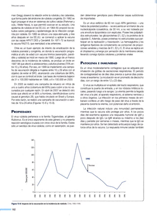 VIROLOGÍA CLÍNICA
man Gregg observó la relación entre la rubéola y las cataratas,
que forma parte del síndrome de rubéola congénita. En 1962 se
logró propagar el virus en sistemas de cultivo celular (Parkman y
cols.; Weller Neva), lo que permitió avanzar en su estudio. Una
epidemia de rubéola en los EE.UU. en 1964-65 propició los es-
tudios sobre patogenia y epidemiología de la infección congé-
nita por rubéola. En 1966 se obtuvo una cepa atenuada, y tres
años después en los EE.UU. se comenzó a aplicar la vacuna
con las cepas HPV77.DE5 y Cendehill. En 1971-72 se licenció
la vacuna RA27/3, que reemplazó a las anteriores.
Chile es un buen ejemplo de intento de erradicación de la
rubéola posnatal y congénita, en donde la vacunación progra-
mática al año de edad con vacuna trivírica (sarampión, paroti-
ditis y rubéola) se inició en marzo de 1990. Luego de un franco
descenso de la incidencia de rubéola, se produjo un brote en
1997-98 que afectó a adolescentes y adultos jóvenes (70% en-
tre 1oy 29 años). Por eso, en 1999 se implementó una campa-
ña de vacunación dirigida a mujeres entre 1Oy 29 años con el
objetivo de evitar el SRC, alcanzando una cobertura del 99%,
con lo que se controló el brote. Las tasas de incidencia bajaron
de 31 x 100.000 habitantes en 1998, a 8 x 100.000 en 2003.
En 2005 se realizó una campaña de refuerzo en niños de
uno a cuatro años (cobertura del 93%) para cubrir a los no va-
cunados por cualquier razón. En abril de 2007 se detectó otro
brote que afectó en el 96% a hombres, identificándose como
causal al genotipo 28, que había circulado en Brasil y Europa.
Por esta razón, se realizó una campaña de vacunación a varo-
nes de 19 a 29 años (Figuras 15-8 y 15-9).
PROPIEDADES
El virus rubéola pertenece a la familia Togarividae, al género
Rubivirus. Es el único exponente de este género y no presenta
reacción serológica cruzada con otros virus de la familia. Existe
sólo un serotipo de virus rubéola; como en sarampión, se pue-
140-
120
100
80
o
o 60o
oo......
1-<
o
P-. 40rJ)
ctl
rJ)
~
20
o
-o
"' 00o ......
~ ~ ~ ~
00 00 0000 00
~ ~ ~~ ~
den determinar genotipos para diferenciar cepas autóctonas
de importadas.
Es un virus esférico de 60 nm cuyo ARN genómico -una
hebra de polaridad positiva- se encuentra en el interior de una
nucleolcápside icosaédrica, de 30 nm, a su vez rodeada por
una envoltura lipoproteica con espículas. Posee tres polipépti-
dos estructurales: las glicoproteínas E1, E2 y la proteína de la
cápside C. Además, posee proteínas no estructurales que par-
ticipan en la replicación y trascripción. La hemoaglutina y los
antígenos fijadores de complemento se componen de propor-
ciones variables y mezclas de E1 , E2 y C. El virus se replica en
el citoplasma y emerge por yemación de la membrana celular,
llevando consigo lípidos celulares y proteínas virales
PATOGENIA E INMUNIDAD
Es un virus moderadamente contagioso que se adquiere por
inhalación de gotitas de secreciones respiratorias. El período
de contagiosidad es de diez días previos a quince días poste-
riores al exantema. La incubación es en promedio de dieciocho
días, con un rango de entre 12 y 23 días.
El virus se multiplica en el epitelio del tracto respiratorio, que
constituye la puerta de entrada, y en los nódulos linfáticos lo-
cales, pasando luego a la sangre. La viremia permite la llegada
del virus a la piel, al aparato respiratorio, al sistema nervioso y
a otros órganos. La infección en los primeros meses de em-
barazo conlleva un alto riesgo de paso del virus a través de la
placenta durante la viremia, con potencial daño al embrión.
La infección natural induce una inmunidad permanente,
mientras que la vacuna sólo protege por años. A los pocos
días del exantema aparece una respuesta humoral de lgM y
poco después de lgG. La lgM alcanza su máximo a los diez
días y persiste por semanas o meses, mientras que la lgG se
mantiene por años. Se han detectado anticuerpos luego de ca-
torce años de la vacuna. La respuesta inmune celular también
1990
1V"""'"
"" o ......
"" «") .... li") -o
"' 00
00
"" "" "" "" "" "" "" "" ""~ ~ ~ ~ ~ ~ ~ ~ ~ ~
Figura 15-S.Impacto de la vacunación en la incidencia de rubéola. Chile, 1980-1 998.
,....,;....................____, 182
 