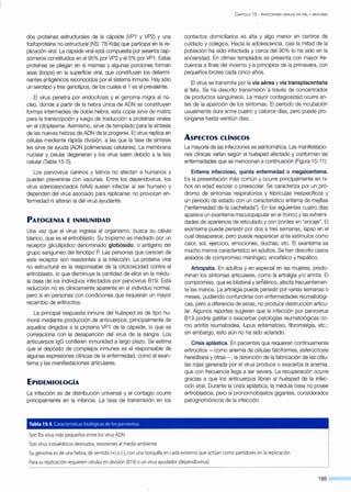 dos proteínas estructurales de la cápside (VP1 y VP2) y una
fosfoproteína no estructural (NS: 78 Kda) que participa en la re-
plicación viral. La cápside viral está compuesta por sesenta cap-
sómeros constituidos en el95% por VP2 y el5% por VP1. Estas
proteínas se pliegan en sí mismas y algunas porciones forman
asas (/oops) en la superficie viral, que constituyen los determi-
nantes antigénicos reconocidos por el sistema inmune. Hay sólo
un serotipo y tres genotipos, de los cual~s el 1 es el prevalente.
El virus penetra por endocitosis y el genoma migra al nú-
cleo, donde a partir de la hebra única de ADN se constituyen
formas intermedias de doble hebra; esta copia sirve de matriz
para la transcripción y luego de traducción a proteínas virales
en el citoplasma. Asimismo, sirve de templado para la síntesis
de las nuevas hebras de ADN de la progenie. El virus replica en
células mediante rápida división, a las que la fase de síntesis
les sirve de ayuda (ADN polimerasas celulares). La membrana
nuclear y celular degeneran y los virus salen debido a la lisis
celular (Tabla 15-5).
Los parvovirus caninos y felinos no afectan a humanos y
pueden prevenirse con vacunas. Entre los dependovirus, los
virus adenoasociados (VAA) suelen infectar al ser humano y
dependen del virus asociado para replicarse; no provocan en-
fermedad ni alteran la del virus ayudante.
PATOGENIA E INMUNIDAD
Una vez que el virus ingresa al organismo, busca su célula·
blanco, que es el eritroblasto. Su tropismo es mediado por un
receptor glicolipídico denominado globósido, o antígeno del
grupo sanguíneo del fenotipo P. Las personas que carecen de
este receptor son resistentes a la infección. La proteína viral
no estructural es la responsable de la citotoxicidad contra el
eritroblasto, lo que disminuye la cantidad de ellos en la médu-
la ósea de los individuos infectados por parvovirus 819. Esta
reducción no es clínicamente aparente en el individuo normal,
pero sí en personas con condiciones que requieran un mayor
recambio de eritrocitos.
La principal respuesta inmune del huésped es de tipo hu-
moral mediante producción de anticuerpos, principalmente de
aquellos dirigidos a la proteína VP1 de la cápside, lo que se
correlaciona con la desaparición del virus de la sangre. Los
anticuerpos lgG confieren inmunidad a largo plazo. Se estima
que el depósito de complejos inmunes es el responsable de
algunas expresiones clínicas de la enfermedad, como el exan-
tema y las manifestaciones articulares.
EPIDEMIOLOGÍA
La infección es de distribución universal y el contagio ocurre
principalmente en la infancia. La tasa de transmisión en los
Tabla 15-5. Características biológicas de los parvovirus
Son lbs virusmás pequeños entre los virusADN
Son virus icosaédricos desnudos, resistentes al medio ambiente
CAPÍTULO 15 - INFECCIONES VIRALES EN PIEL Y MUCOSAS
contactos domiciliarios es alta y algo menor en centros de
cuidado y colegios. Hacia la adolescencia, casi la mitad de la
población ha sido infectada y cerca del 90% lo ha sido en la
ancianidad. En climas templados se presenta con mayor fre-
cuencia a fines del invierno y a principios de la primavera, con
pequeños brotes cada cinco años.
El virus se transmite por la vía aérea y vía transplacentaria
al feto. Se ha descrito transmisión a través de concentrados
de productos sanguíneos. La mayor contagiosidad ocurre an-
tes de la aparición de los síntomas. El período de incubación
usualmente dura entre cuatro y catorce días, pero puede pro-
longarse hasta veintiún días.
AsPECTos cLíNicos
La mayoría de las infecciones es asintomática. Las manifestacio-
nes clínicas varían según el huésped afectado y conforman las
enfermedades que se mencionan a continuación (Figura 15-11).
Eritema infeccioso, quinta enfermedad o megaloeritema.
Es la presentación más común y ocurre principalmente en ni-
ños en edad escolar o preescolar. Se caracteriza por un pró-
dromo de síntomas respiratorios y febrículas inespecíficos y
un período de estado con un característico eritema de mejillas
("enfermedad de la cachetada"). En los siguientes cuatro días
aparece un exantema maculopapular en el tronco y las extremi-
dades de apariencia de reticulado y con bordes en "encaje". El
exantema puede persistir por dos a tres semanas, lapso en el
cual desaparece, pero puede reaparecer ante estímulos como
calor, sol, ejercicio, emociones, duchas, etc. El exantema es
mucho menos característico en adultos. Se han descrito casos
aislados de compromiso meníngeo, encefálico y hepático.
Artropatía. En adultos y en especial en las mujeres, predo-
minan los síntomas articulares, como la artralgia y/o artritis. El
compromiso, que es bilateral y simétrico, afecta frecuentemen-
te las manos. La artralgia puede persistir por varias semanas o
meses, pudiendo confundirse con enfermedades reumatológi-
cas, pero a diferencia de estas, no produce destrucción articu-
lar. Algunos reportes sugieren que la infección por parvovirus
819 podría gatillar o exacerbar patologías reumatológicas co-
mo artritis reumatoidea, lupus eritematoso, fibromialgia, etc.;
sin embargo, esto aún no ha sido aclarado.
Crisis aplástica. En pacientes que requieren continuamente
eritrocitos -como anemia de células falciformes, esferocitosis
hereditaria y otras- , la detención de la fabricación de las célu-
las rojas generada por el virus produce o exacerba la anemia,
que con frecuencia llega a ser severa. La recuperación ocurre
gracias a que los anticuerpos libran al huésped de la infec-
ción viral. Durante la crisis aplástica, la médula ósea no posee
eritroblastos, pero sí pronormoblastos gigantes, considerados
patognomónicas de la infección.
Su genoma esde una hebra, de sentido(+) o(-), con una horquilla en cada extremo que actúan como partidores en la replicación
Para su replicación requieren células en división (B19) o un virus ayudador (dependovirus)
185
 