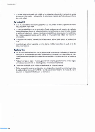 VIROLOGIA ClÍNICA
---194
• La vacuna por virus atenuado está incluida en los programas rutinarios de inmunizaciones junto a
las vacunas antisarampión y antiparotiditis. Se recomienda una dosis al año de vida y un refuerzo
al entrar al colegio
Parvovirus 819
• Es un virus icosaédrico desnudo muy pequeño, cuya peculiaridad es tener un genoma de una he-
bra(+) o(-) de ADN por virión.
• La mayoría de las infecciones es asintomática. Puede produce un amplio espectro de manifesta-
ciones clínicas dependiendo del huésped afectado: eritema infeccioso en niños normales; atropatía
en adultos, principalmente mujeres; crisis de anemia aplástica en personas con hemoglobinopa-
tías; infecciones persistentes con anemia crónica en inmunodeficientes; hidrops fetal o aborto en
embarazadas.
• El diagnóstico se confirma por detección de anticuerpos séricos lgM e lgG y/o de ADN viral por
PCR.
• No existe terapia antiviral específica, pero hay algunas medidas terapéuticas de ayuda en las dis-
tintas presentaciones.
Papilomavirus
• Son virus icosaédricos desnudos con un genoma de ADN circular de doble hebra que tienen tro-
pismo por las células basales de epitelios pluriestratificados de la piel y mucosas. Producen infec-
ciones persistentes cuya replicación depende de la multiplicación y diferenciación de las células del
epitelio.
• Producen verrugas en la piel y mucosas, generalment~ benignas, pero las lesiones pueden llegar a
ser malignas, especialmente en el tracto genital y en inmunocomprometidos.
• Constituyen la principal causa mundial de enfermedad de transmisión sexual.
• Existen vacunas comercialmente disponibles para los genotipos de papilomavirus de mayor riesgo
de producir cáncer cervicouterino (16,18) y los más prevalentes en lesiones de mucosa (6, 11). Su
alto precio es una de las limitantes para su uso masivo.
 