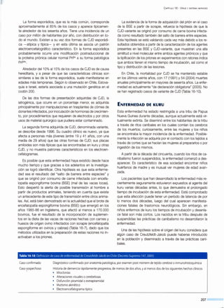 La forma esporádica, que es la más común, corresponde
aproximadamente al 85% de los casos y aparece típicamen-
te alrededor de los sesenta años. Tiene una incidencia de un
caso por millón de habitantes por año, con distribución en to-
do el mundo. Existen a su vez dos formas de CJD esporádi-
ca -atípica y típica- y en esta última se asocia un patrón
electroencefalográfico característico. En la forma esporádica
probablemente ocurre una modificación postraduccional de
la proteína priónica celular normal PrPc a su forma patológica
PrPsc.
Alrededor del 10% all5% de los casos de CJD es de causa
hereditaria, y a pesar de que las características clínicas son
similares a las de la forma esporádica, suele manifestarse en
edades más tempranas. Según lo observado en Chile, Eslova-
quia e Israel, estaría asociada a una mutación genética en el
codón 200.
De las dos formas de presentación adquiridas de CJD, la
iatrogénica, que ocurre en un porcentaje menor, es adquirida
principalmente por manipulaciones en trasplantes de córnea de
donantes infectados, por inoculación de hormonas de crecimien-
to, por procedimientos que requieren de electrodos y por otros
usos de material quirúrgico que pudiera estar contaminado.
La segunda forma adquirida de CJD, denominada variante,
se describe desde 1996. Su cuadro clínico es nuevo, ya que
afecta a personas más jóvenes (entre 19 y 41 años, con una
media de 29 años) que las otras formas de CJD; sus placas
amiloides son más típicas que las encontradas en kuru y otras
CJD, y no muestra patrones característicos en los electroen-
cefalogramas.
Es posible que esta enfermedad haya existido desde hace
mucho tiempo y que gracias a los adelantos en la investiga-
ción se logró identificar. Otra hipótesis es que esta enferme-
dad sea el resultado del "salto de barrera entre especies" y
que se originó por consumo de carne infectada con encefa-
lopatía espongiforme bovina (BSE) (mal de las vacas locas).
Esto despertó la alerta de posible transmisión al hombre a
partir de productos animales, teniendo en cuenta que existe
un antecedente de este tipo de transmisión entre otros anima-
les. Así, está bien demostrado en la actualidad que el brote de
encefalopatía espongiforme bovina (BSE) que emergió en los
años 1985-86 en Inglaterra, que afectó al menos a 170.000
bovinos, fue el resultado de la incorporación de suplemen-
tos en la dieta de las vacas de raciones hechas con carnes y
huesos de origen ovino infectados con scrapie (encefalopatía
espongiforme en ovinos y cabras) (Tabla 16-7), dado que los
métodos utilizados en la preparación de estas raciones no in-
activaban a los priones.
C APÍTULO 16 - V IRUS Y SISTEMA NERVIOSO
La evidencia de la forma de adquisición del prión en el caso
de la BSE a partir de scrapie, refuerza la hipótesis de que la
CJD-variante se originó por consumo de carne bovina infecta-
da como resultado también del salto de barrera entre especies.
Esta hipótesis se está validando cada vez más debido a los re-
sultados obtenidos a partir de la caracterización de los agentes
presentes en las BSE y CJD-variante, que muestran una alta
similitud a nivel molecular entre ambos agentes priónicos y que
la tipificación de los priones en experimentos con ratones indica
que ambos tienen el mismo tiempo de incubación, así como el
tipo y distribución de las lesiones.
En Chile, la mortalidad por CJD se ha mantenido estable
en los últimos veinte años, con 17 (1991) y 54 (2004) muertes
anuales principalmente en mayores de sesenta años. La enfer-
medad es actualmente "de declaración obligatoria" (2005). No
se han registrado casos de variante de CJD (Tabla 16-1 0).
ENFERMEDAD DE KURU
Esta enfermedad ha estado restringida a una tribu de Papua
Nueva Guinea durante décadas, aunque actualmente está vir-
tualmente extinta. Se diseminó entre los habitantes de la tribu
a través de ritos caníbales en los cuales comían los cerebros
de los muertos; curiosamente, entre las mujeres y los niños
se encontraba la mayor incidencia de la enfermedad. Posible-
mente la infección se adquiría por el contacto con los tejidos a
través de cortes que se hacían las mujeres al prepararlos o por
ingestión de los mismos.
A partir de la década del cincuenta, cuando los ritos de ca-
nibalismo fueron suspendidos, la enfermedad comenzó a des-
aparecer. Es característico de esa sociedad encontrar niños
huérfanos de madre y es inusual ver mujeres de edad avan-
zada.
Los pacientes que han desarrollado la enfermedad más re-
cientemente seguramente estuvieron expuestos al agente del
kuru varias décadas antes, lo que demuestra el prolongado
tiempo de incubación de esta enfermedad. Está comprobado
que esta afección puede tener un período de latencia de por
lo menos dos décadas, luego del cual aparecen manifesta-
ciones fatales de trastornos neurológicos. Sin embargo, en
niños enfermos de kuru los tiempos de incubación y desenla-
ce fatal son más cortos. Los nacidos en la tribu después de
suspendidas las prácticas de canibalismo no desarrollaron la
enfermedad.
Una de las hipótesis sobre el origen del kuru considera que
algún caso de Creutzfeldt-Jakob puede haberse introducido
en la población y diseminado a través de las prácticas caní-
bales.
Tabla 16-10. Definición de caso de enfermedad de Creutzfeldt-Jakob en Chile (Decreto Supremo 147, 2005)
Caso confirmado
Caso ~ospechoso
Diagnóstico confirmado por anatomía patológica, por examen post mórtem de tejido cerebral o inmunohistoquímica
Historia de demencia rápidamente progresiva, de menos de dos años, yal menos dos de los siguientes hechos clínicos
• Mioclonías
• Alteraciones visuales o cerebelosas
• Disfunción piramidal o extrapiramidal
• Mutismo akinético
• Electroencefalograma típico
207
 