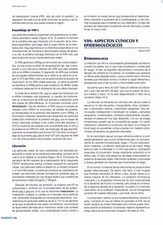 VIROLOGÍA CLÍNICA
de transcripción inversa (PBS, sitio de unión al partidor). La
regulación de cada una de estas funciones se asocia a las di-
ferentes estructuras que puede adoptar la región.
Ensamblaje de VIH-1
Las partículas virales se ensamblan principalmente en la mem-
brana plasmática celular (Figura 18-3). El extremo N-terminal
de la proteína viral gag interactúa con la sección de la mem-
brana plasmática, que luego será la capa interna de la mem-
brana viral. Gag oligomeriza en la membrana plasmática en los
microdominios de membrana denominados balsas de lípidos;
a su vez, la proteína viral gag interactúa con el ARN viral, que
será el genoma de las nuevas partículas virales.
El ARN genómico (ARNg) es reconocido de manera especí-
fica, ya que posee la señal de encapsidación ('!f), que corres-
ponde a una estructura definida del ARN que está presente
sólo en el ARNm completo. El segmento de ARN que contiene
los principales determinantes de la señal '11 se ubica en la re-
gión 5'UTR del ARNm viral y se remueve durante el proceso de
maduración de los ARN virales (splicing). La señal '11 permite
así identificar al ARNg entre la gran población de ARNm virales
y celulares presentes en el citoplasma de una célula infectada.
A través de su dominio NC, gag es capaz de interactuar con
el ARNm completo viral induciendo un cambio de conforma-
ción en la estructura de ARN que permite la interacción entre
dos copias de ARN idénticas, en el proceso conocido como
dimerización. Una vez dimérico, el ARN, que ya no puede ser
utilizado como ARNm en el proceso de síntesis de proteína,
es encapsulado en la partícula viral naciente como ARNg. La
información molecular necesaria para ensamblar las partículas
virales está contenida en la proteína viral gag, que es capaz de
formar partículas similares a las virales (virus-/ike particles o
VLP) en ausencia de cualquier otro componente viral. In vitro y
eri presencia de ARN (no viral), las moléculas de gag espontá-
neamente se ensamblan para formar VLP. Por tanto, el ensam-
blaje de la proteína gag para formar VLP sólo requiere de ARN
y no de otras proteínas estructurales y enzimas del virus.
Liberación
Las partículas virales de novo sintetizadas son liberadas por
yemación a través de la membrana plasmática, proceso en el
cual el virus obtiene su envoltura (Figura 18-3). El proceso de
yemación de VIH requiere de la participación de la maquinaria
ESCRT (endosomal sorting complex required tor transport)
celular. Las partículas virales se liberan en un estado inmaduro
y no son infecciosas. La partícula inmadura se caracteriza por
poseer una estructura circular formada por proteínas gag no
procesadas rodeadas por una bicapa lipídica que contiene las
glicoproteínas virales SU/gpl20 y TM/gp41.
Después del proceso de yemación, la proteína viral PR se
autoprocesa y continúa con el procesamiento de las polipro-
teínas'gag y gag-poi, en lo que se denomina maduración. La
maduración conlleva un cambio en el fenotipo de la partícula
viral, claramente distinguible por microscopia electrónica, con-
virtiéndose en partículas esféricas de 80 a 11 Onm de diámetro
en las que se identifican tres capas concéntricas: una envoltura
de lipoproteína derivada de la membrana celular que contiene
las glicoproteínas virales, una nucleocápsula cónica central y
--·248
en el interior un núcleo denso que corresponde al material ge-
nético asociado a la proteína de la nucleocápsula y a las enzi-
mas necesarias para completar su ciclo replicativo. Al cabo del
proceso de maduración la partícula viral es infecciosa y puede
iniciar un nuevo ciclo.
VIH: ASPECTOS CLÍNICOS Y
EPIDEMIOLÓGICOS
EPIDEMIOLOGÍA
Marcelo Wolff
La infección por VIH es una pandemia generalizada que abarca
a todos los países, por lo que toda la población mundial está
en riesgo. Si bien se describió clínicamente a principios de la
década del ochenta en Occidente, se considera que apareció
en África varias décadas antes, y que su fuente fueron retrovirus
similares que infectaban simios y mutaron a cepas infectantes y
patogénicas para el ser humano y transmisibles entre ellos.
Se estima que a fines de 2007 había 33 millones de infecta-
dos y que más del 90% de ellos, que vive en países de recur-
sos medios o bajos, no ha sido diagnosticado ni sabe de su
condición (Tabla 18-2).
La infección se transmite por diversas vías, de las cuales la
sexual es la más frecuente y trascendente; otras correspon-
den a transmisión vertical y transmisión sanguínea. Esta últi-
ma puede corresponder a transfusión de sangre y derivados
sanguíneos contaminados, problema prácticamente resuelto,
excepto en países de muy bajo desarrollo, o al uso de drogas
intravenosas, puesto que se comparten las agujas. Un cuarto
mecanismo, relevante en la atención de salud, es el riesgo la-
boral luego de accidentes cortopunzantes con material conta-
minado proveniente de pacientes infectados.
En la transmisión sexual, la mayor eficiencia está en el acto
sexual genitoanal, que ocurre fundamental pero no exclusiva-
mente, en varones homosexuales, riesgo < 3% por cada expo-
sición receptiva. La relación heterosexual es de mayor riesgo
para la mujer no infectada (< O,15%) que para su contraparte
masculina; la circuncisión otorga importante protección en el
último caso. El sexo oral parece ser de riesgo imperceptible en
ausencia de lesiones orales. Infecciones recientes o avanzadas
y úlceras genitales son factores que incrementan el riesgo.
En el mundo, la mayoría de las infecciones se produce entre
parejas heterosexuales. De hecho, hay tanto o más mujeres
que hombres infectados en África y Asia, donde reside la in-
mensa mayoría de los infectados. La población homosexual
masculina y la drogadicta intravenosa ha sido sobrevalorada
en la epidemia del mundo occidental, pero desde el comienzo
de la segunda década de la epidemia, se asiste a un marcado
crecimiento de la población heterosexual, con el consiguiente
aumento de mujeres infectadas y por ende, de los niños.
La transmisión vertical ocurre fundamentalmente durante el
parto, momento en que se infecta en promedio el 25% de los
recién nacidos de madre infectadas (una minoría puede infec-
tarse durante el embarazo); la lactancia materna representa un
riesgo adicional de transmisión posparto de hasta el15%.
 