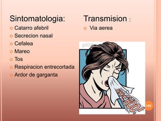 Sintomatologia:              Transmision :
 Catarro afebril               Via aerea
 Secrecion nasal

 Cefalea

 Mareo

 Tos

 Respiracion entrecortada

 Ardor de garganta




                                             105
 
