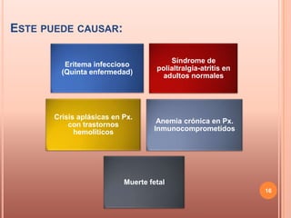 ESTE PUEDE CAUSAR:

                                        Síndrome de
          Eritema infeccioso
                                    polialtralgia-atritis en
         (Quinta enfermedad)
                                      adultos normales




       Crisis aplásicas en Px.
           con trastornos           Anemia crónica en Px.
             hemolíticos           Inmunocomprometidos




                           Muerte fetal
                                                               16
 