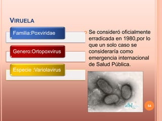 VIRUELA
Familia:Poxviridae         Se consideró oficialmente
                            erradicada en 1980,por lo
                            que un solo caso se
Genero:Ortopoxvirus         consideraría como
                            emergencia internacional
                            de Salud Pública.
Especie :Variolavirus




                                                   54
 