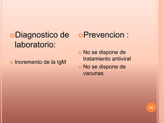 Diagnostico         de    Prevencion          :
    laboratorio:
                            No se dispone de
                             tratamiento antiviral
   Incremento de la IgM
                            No se dispone de
                             vacunas




                                                     68
 