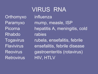 VIRUS RNA
Orthomyxo influenza
Paramyxo mump, measle, ISP
Picorna hepatitis A, meningitis, cold
Rhabdo rabies
Togavirus rubela, ensefalitis, febrile
Flavivirus ensefalitis, febrile disease
Reovirus gastroenteritis (rotavirus)
Retrovirus HIV, HTLV
 