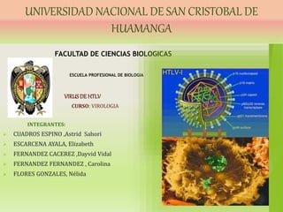UNIVERSIDAD NACIONAL DE SAN CRISTOBAL DE
HUAMANGA
FACULTAD DE CIENCIAS BIOLOGICAS
ESCUELA PROFESIONAL DE BIOLOGIA
VIRUSDE HTLV
CURSO: VIROLOGIA
INTEGRANTES:
 CUADROS ESPINO ,Astrid Sahori
 ESCARCENA AYALA, Elizabeth
 FERNANDEZ CACEREZ ,Dayvid Vidal
 FERNANDEZ FERNANDEZ , Carolina
 FLORES GONZALES, Nélida
 