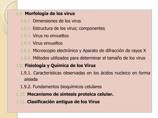 1.8.   Morfología de los virus 1.8.1.   Dimensiones de los virus 1.8.2.   Estructura de los virus; componentes 1.8.3.   Virus no envueltos 1.8.4.   Virus envueltos 1.8.5.   Microscopio electrónico y Aparato de difracción de rayos X 1.8.6.   Métodos utilizados para determinar el tamaño de los virus 1.9.   Fisiología y Química de los Virus 1.9.1. Características observadas en los ácidos nucleico en forma aislada 1.9.2. Fundamentos bioquímicos celulares 1.10.   Mecanismo de síntesis proteica celular. 1.11.   Clasificación antigua de los Virus 