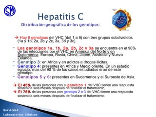  Hay 6 genotipos del VHC (del 1 a 6) con tres grupos subdivididos
(1a y 1b, 2a, 2b y 2c, 3a, 3b y 3c).
 Los genotipos 1a, 1b, 2a, 2b, 2c y 3a se encuentra en el 90%
de las infecciones por el VHC en América del Norte y en
Sudamérica, Europa, Rusia, China, Japón, Australia y Nueva
Zelanda.
 Genotipo 3: en Africa y en adictos a drogas ilicitas.
 Genotipo 4: presentes en Africa y Medio oriente. En un estudio
egipcio, mas del 90 % de los casos estudiados eran de este
genotipo.
 Genotipos 5 y 6: presentes en Sudamerica y el Suroeste de Asia.
 El 45%El 45% de las personas con el genotipo 1 del VHC tienen una respuesta
sostenida seis meses después de finalizar el tratamiento,
 El 75%El 75% de las personas con genotipo 2 o 3 del VHC tienen una respuesta
sostenida seis meses después de finalizar el tratamiento.
Servi-Med
Laboratorios Clínicos
 