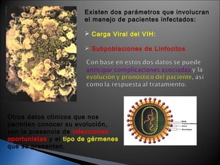 Otros datos clínicos que nos
permiten conocer su evolución,
son la presencia de infecciones
oportunistas y el tipo de gérmenes
que se presenten.
Existen dos parámetros que involucran
el manejo de pacientes infectados:
 Carga Viral del VIH:
 Subpoblaciones de Linfocitos
 
