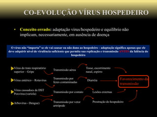 CO-EVOLUÇÃO VÍRUS HOSPEDEIRO
• Conceito errado: adaptação virus/hospedeiro e equilíbrio não
implicam, necessariamente, em ausência de doença
O vírus não “importa” se ele vai causar ou não dano ao hospedeiro – adaptação significa apenas que ele
deve adquirir nível de virulência suficiente que permita sua replicação e transmissão ANTES da falência do
hospedeiro
Vírus do trato respiratório
superior – Gripe
Transmissão aérea
Tosse, escorrimento
nasal, espirro
Favorecimento da
transmissão
Vírus entérico – Rotavírus
Transmissão por
fezes contaminadas
Diarréia
Vírus causadoes de DST
Poxvírus (varíola)
Transmissão por contato Lesões externas
Arbovírus - Dengue) Transmissão por vetor
artrópode
Prostração do hospedeiro
 