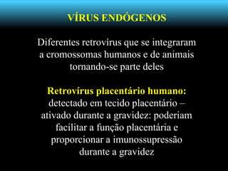 VÍRUS ENDÓGENOS
Diferentes retrovírus que se integraram
a cromossomas humanos e de animais
tornando-se parte deles
Retrovírus placentário humano:
detectado em tecido placentário –
ativado durante a gravidez: poderiam
facilitar a função placentária e
proporcionar a imunossupressão
durante a gravidez
 