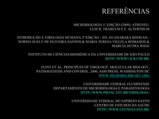 REFERÊNCIAS
MICROBIOLOGIA 5. EDIÇÃO (2008), ATHENEU.
LUIZ R. TRABULSI E F. ALTERTHUM
INTRODUÇÃO À VIROLOGIA HUMANA 2ª EDIÇÃO – ED. GUANABARA KOOGAN -
NORMA SUELY DE OLIVEIRA SANTOS & MARIA TERESA VILLELA ROMANOS &
MARCIA DUTRA WIGG
INSTITUTO DE CIÊNCIAS BIOMÉDICA DA UNIVERSIDADE DE SÃO PAULO
HTTP://WWW3.ICB.USP.BR/
FLINT ET AL. PRINCIPLES OF VIROLOGY, MOLECULAR BIOLOGY,
PATHOGENESIS AND CONTROL. 2000, ASM PRESS, WASHINGTON DC
WWW.MICROBELIBRARY.ORG
UNIVERSIDADE FEDERAL FLUMINENSE
DEPARTAMENTO DE MICROBIOLOGIA E PARASITOLOGIA
HTTP://WWW.PROAC.UFF.BR/VIROLOGIA/
UNIVERSIDADE FEDERAL DO ESPIRITO SANTO
CENTRO DE ESTUDOS DA SAÚDE
HTTP://WWW.CEUNES.UFES.BR/
 