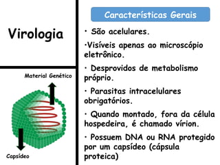 • São acelulares.
•Visíveis apenas ao microscópio
eletrônico.
• Desprovidos de metabolismo
próprio.
• Parasitas intracelulares
obrigatórios.
• Quando montado, fora da célula
hospedeira, é chamado vírion.
• Possuem DNA ou RNA protegido
por um capsídeo (cápsula
proteica)
Características Gerais
Material Genético
Capsídeo
Virologia
 