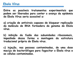 Ebola Vírus
Entre os possíveis tratamentos experimentais que
podem ser liberados para conter o avanço da epidemia
do Ebola Vírus seria acessível a:
a) criação de antivirais capazes de bloquear replicação
da molécula de RNA formadora do genoma do Ebola
vírus.
b) inibição da fusão das subunidades ribossomais,
impedindo dessa forma a montagem da estrutura
traducional própria do Ebola vírus.
c) injeção, nas pessoas contaminadas, de uma dose
maciça de bacteriófagos para fagocitar o Ebola vírus e
as células contaminadas.
 