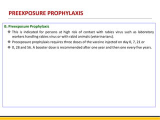 B. Preexposure Prophylaxis
 This is indicated for persons at high risk of contact with rabies virus such as laboratory
workers handling rabies virus or with rabid animals (veterinarians).
 Preexposure prophylaxis requires three doses of the vaccine injected on day 0, 7, 21 or
 0, 28 and 56. A booster dose is recommended after one year and then one every five years.
PREEXPOSURE PROPHYLAXIS
 