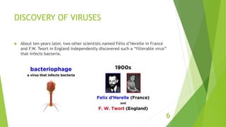 DISCOVERY OF VIRUSES
 About ten years later, two other scientists named Félix d’Herelle in France
and F.W. Twort in England independently discovered such a “filterable virus”
that infects bacteria.
6
 