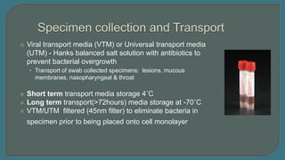  Viral transport media (VTM) or Universal transport media
(UTM) - Hanks balanced salt solution with antibiotics to
preven...