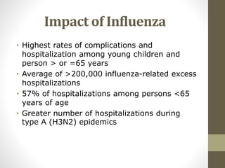 Impact of Influenza
• Highest rates of complications and
hospitalization among young children and
person > or =65 years
• Average of >200,000 influenza-related excess
hospitalizations
• 57% of hospitalizations among persons <65
years of age
• Greater number of hospitalizations during
type A (H3N2) epidemics
 