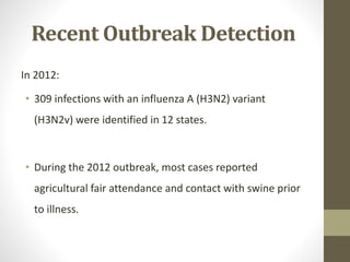 Recent Outbreak Detection
In 2012:
• 309 infections with an influenza A (H3N2) variant
(H3N2v) were identified in 12 states.
• During the 2012 outbreak, most cases reported
agricultural fair attendance and contact with swine prior
to illness.
 