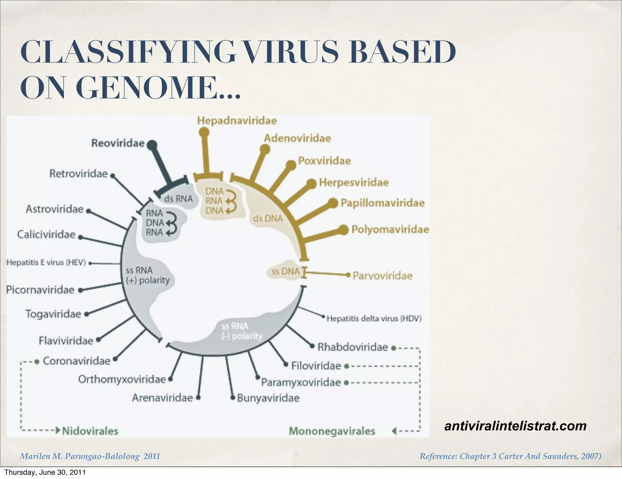 CLASSIFYING VIRUS BASED
    ON GENOME...




                                              antiviralintelistrat.com

    Marilen M. Parungao-Balolong 2011   Reference: Chapter 3 Carter And Saunders, 2007)
Thursday, June 30, 2011
 