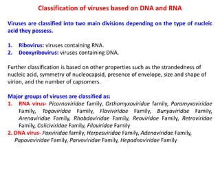 Classification of viruses based on DNA and RNA
Viruses are classified into two main divisions depending on the type of nucleic
acid they possess.
1. Ribovirus: viruses containing RNA.
2. Deoxyribovirus: viruses containing DNA.
Further classification is based on other properties such as the strandedness of
nucleic acid, symmetry of nucleocapsid, presence of envelope, size and shape of
virion, and the number of capsomers.
Major groups of viruses are classified as:
1. RNA virus- Picornaviridae family, Orthomyxoviridae family, Paramyxoviridae
Family, Togaviridae Family, Flaviviridae Family, Bunyaviridae Family,
Arenaviridae Family, Rhabdoviridae Family, Reoviridae Family, Retroviridae
Family, Caliciviridae Family, Filoviridae Family
2. DNA virus- Poxviridae family, Herpesviridae Family, Adenoviridae Family,
Papovaviridae Family, Parvoviridae Family, Hepadnaviridae Family
 