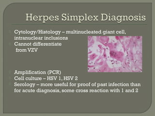  Cytology/Histology – multinucleated giant cell,
intranuclear inclusions
 Cannot differentiate
from VZV
 Amplification (PCR)
 Cell culture – HSV 1, HSV 2
 Serology – more useful for proof of past infection than
for acute diagnosis, some cross reaction with 1 and 2
 