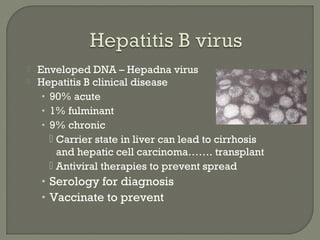  Enveloped DNA – Hepadna virus
 Hepatitis B clinical disease
• 90% acute
• 1% fulminant
• 9% chronic
 Carrier state in liver can lead to cirrhosis
and hepatic cell carcinoma……. transplant
 Antiviral therapies to prevent spread
• Serology for diagnosis
• Vaccinate to prevent
 