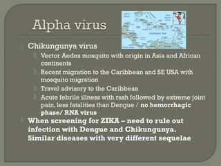  Chikungunya virus
 Vector Aedes mosquito with origin in Asia and African
continents
 Recent migration to the Caribbean and SE USA with
mosquito migration
 Travel advisory to the Caribbean
 Acute febrile illness with rash followed by extreme joint
pain, less fatalities than Dengue / no hemorrhagic
phase/ RNA virus
 When screening for ZIKA – need to rule out
infection with Dengue and Chikungunya.
Similar diseases with very different sequelae
 